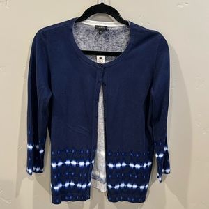 NWT Talbots NAVY CARDIGAN. Size medium.  With ikat design at the bottom of hem